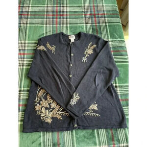 Koret Cardigan Sweater Large With Embroidered Flowers Navy Blue ￼